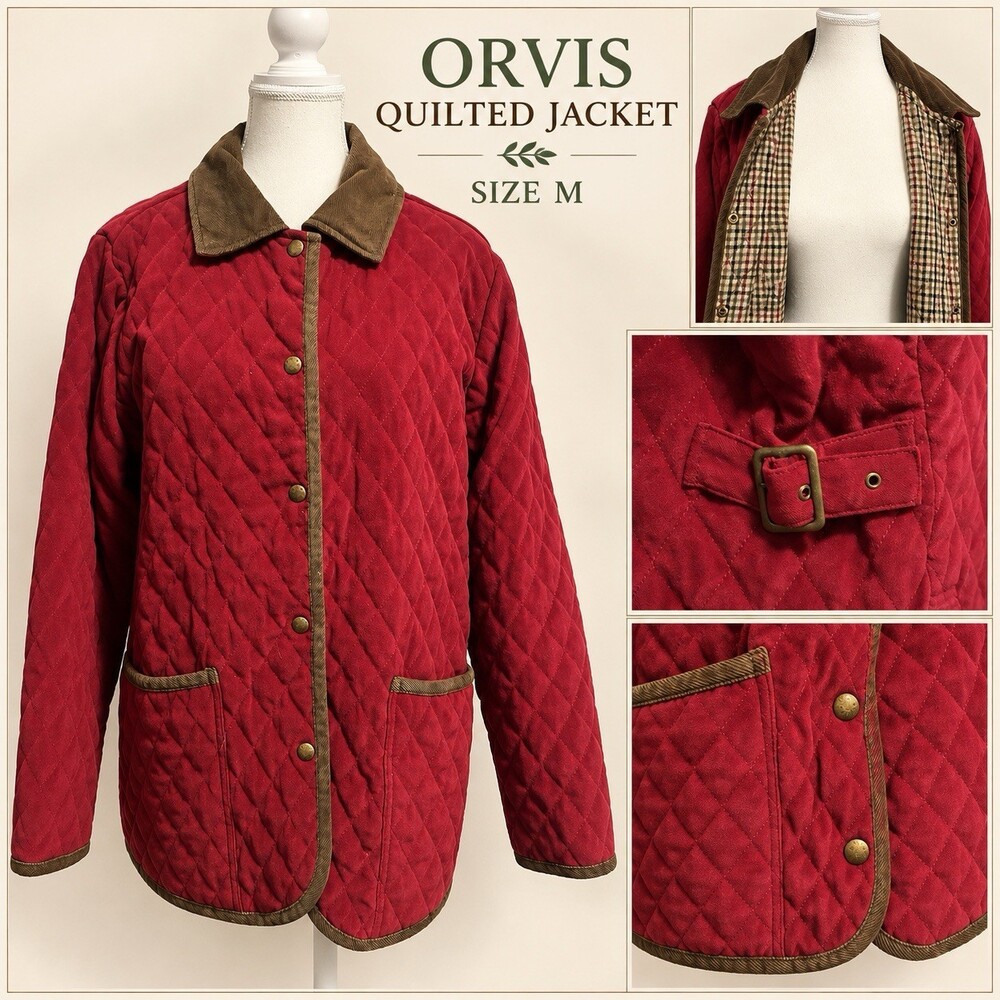 Orvis Women’s Red Quilted Barn Jacket Plaid Lined Size M